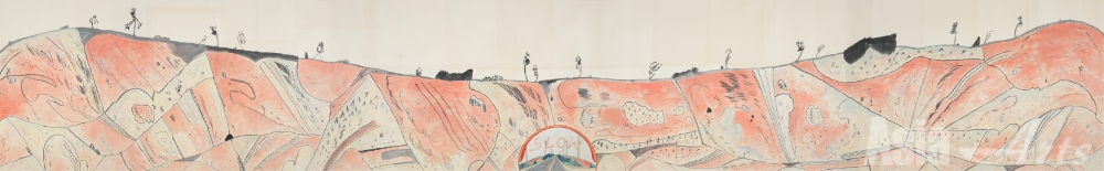 김선두, 느린 풍경 - 유달길 Slow Landscape - Yudal Road, 2019, 장지에 먹, 분채 Ink, color pigment on Jangji, 142x900cm / 사진=Courtesy of the artist & Hakgojae Gallery