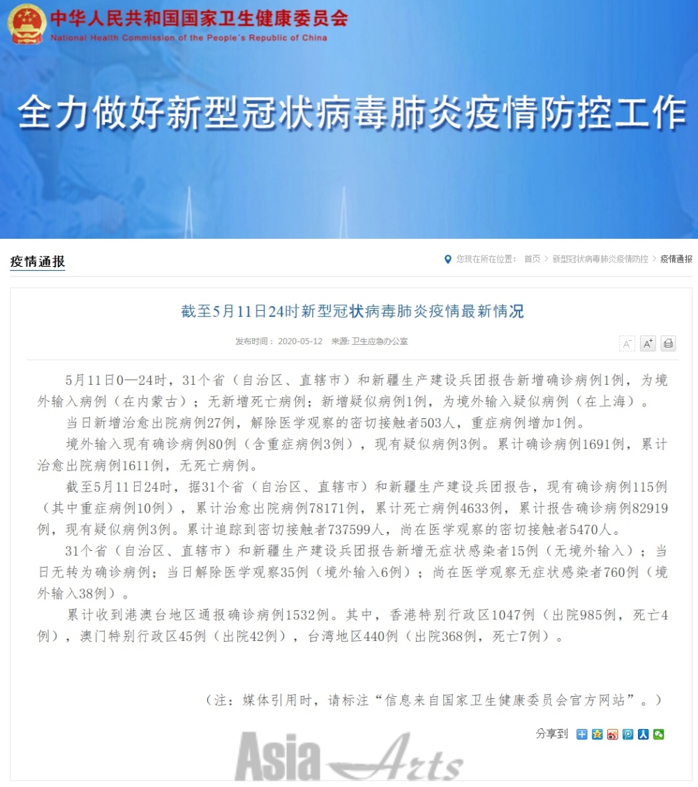 중국 국가위생건강위원회 5월 12일 신종 코로나 바이러스 (코로나19) 감염 중국 사망자 업데이트 / 사진=중국 국가위생건강위원회