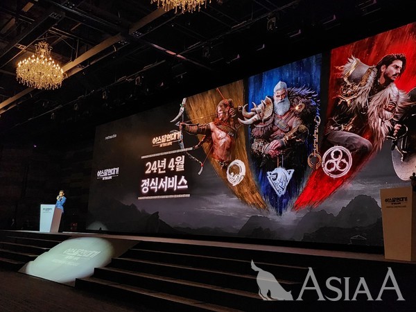 넷마블 지타워에서 진행된 '아스달 연대기: 세 개의 세력' 미디어 쇼케이스에서 출시 일정이 발표됐다. [사진=이준호 기자]