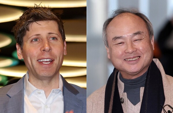 지난 4일 서울 서초구 삼성전자 사옥에서 이재용 삼성전자 회장은 AI 인프로 프로젝트 '스타게이트'를 추진하고 있는 미국 오픈 AI 샘 올트먼 최고경영자(CEO), 일본 소프트뱅크 손정의 회장과 3자 회동을 했다. 사진은 이날 오전 오픈AI-카카오 기자간담회에 참석한 샘 올트먼(왼쪽)과 삼성전자 사옥에서 열린 3자 회동에 참석하는 손정의 회장. [사진=뉴스1]