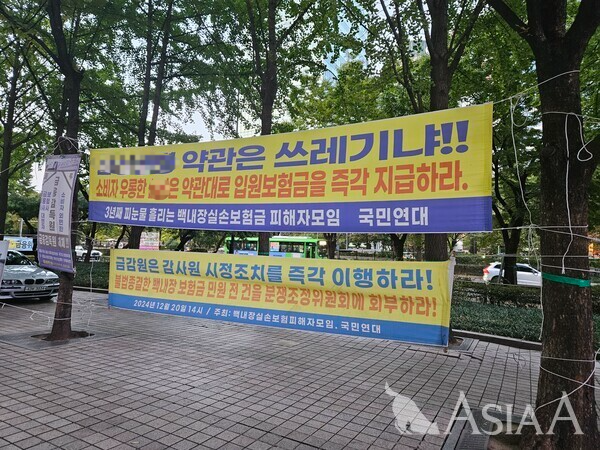 이찬진 금융감독원장은 최근 금융권 내 첨예한 사안들에 직접 개입 의사를 밝혔다. 서울 여의도 금감원 앞에 백내장 수술 실손보험금 사안과 관련해 현수막이 걸려있다. [사진=김충현 기자]